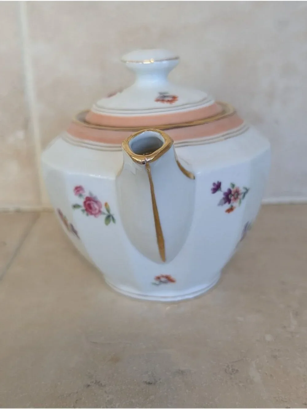 Vintage Faceted Porcelain Teapot MCM Floral Pattern Gold Gilt Trim Elegant